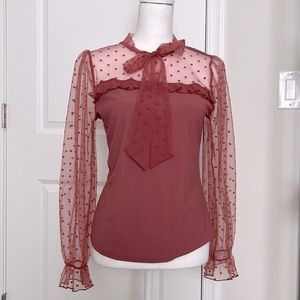 Mauve Tie Neck Dotted Sheer Sleeve Top Size Medium
